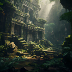 Ancient temple in a jungle with hidden treasures.