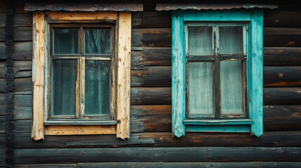 "The Old vs. The New – Two contrasting windows on the wall of an ancient wooden house. One window shows signs of age, with weathered wood, cracked glass, and faded paint,