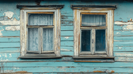 "The Old vs. The New – Two contrasting windows on the wall of an ancient wooden house. One window shows signs of age, with weathered wood, cracked glass, and faded paint,