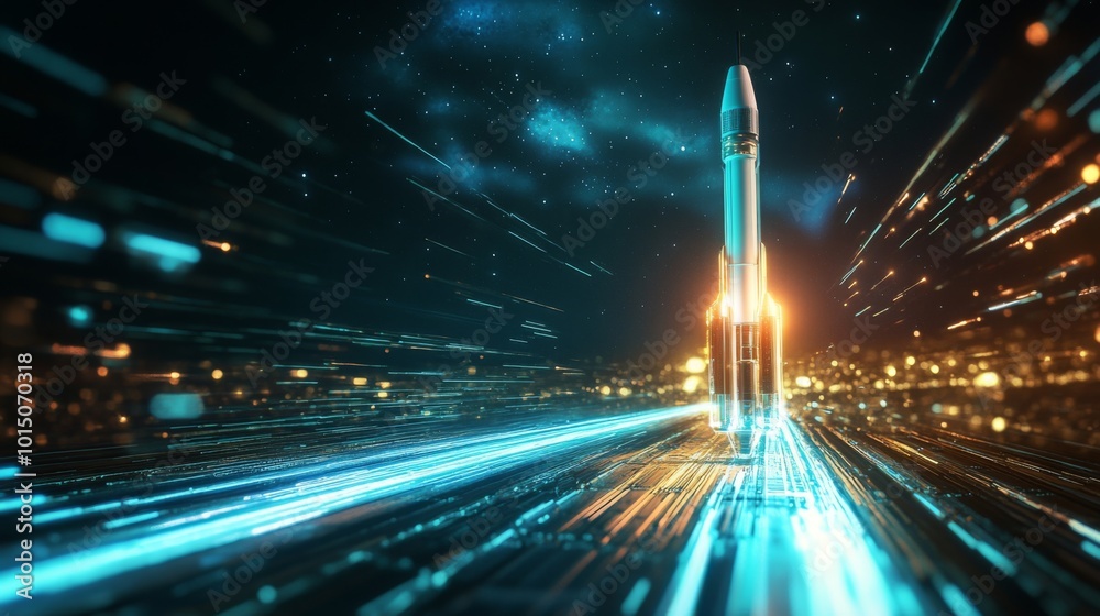 Fototapete a rocket stands ready for launch, surrounded by dynamic light effects that suggest motion and energy