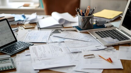 Cluttered Desk with Financial Reports,Calculators,and Laptops Signifying a Busy Day of Accounting