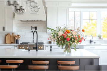 Modern Minimalist Kitchen with Marble Countertop and Backsplash – Sleek White Design with Black Faucet and Bar Stools