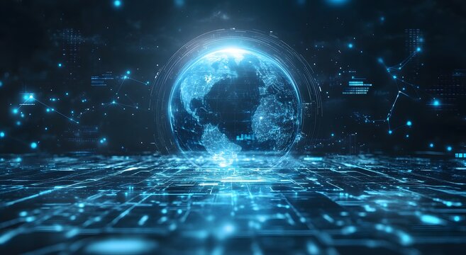 Digital connectivity representing the global connectivity symbolizing the advanced nature of artificial intelligence technology. and high-tech backgrounds featuring an abstract world with bright light