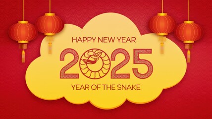 Happy New Year 2025 with snake symbol, festive background, and lanterns.