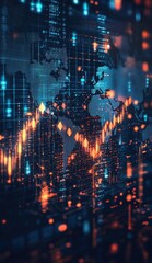 Fototapeta premium Dynamic digital background with financial graphs depicting global market trends and data analysis, set against a vibrant blue and orange color scheme with world map overlay on a grid design