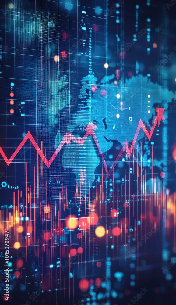 Poster digital background with dynamic financial graphs showing upward trends and global map