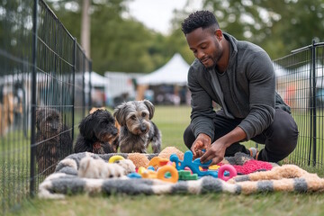 Black man caring for shelter dogs at an outdoor adoption event, symbolizing animal welfare and volunteerism. Concept of pet adoption and community involvement, fitting for volunteer programs