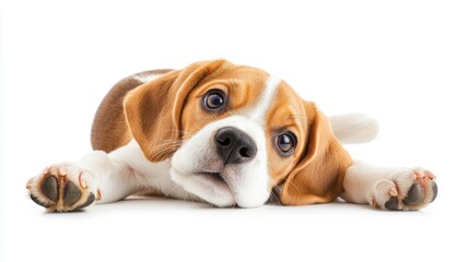 Beagle dog lying on the ground, white background. Happy animal and joyful.