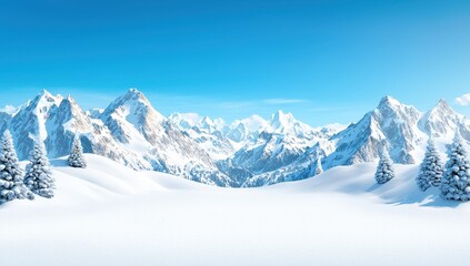 Obraz premium Snowy mountain landscape with fir trees under blue sky. Winter wonderland scenery.