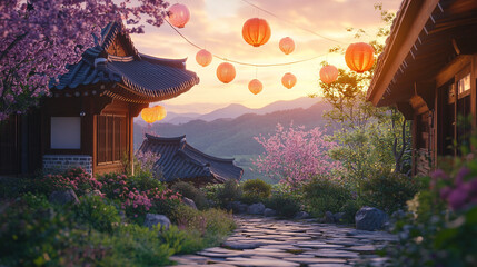 Fototapeta premium traditional Korean lunar new year celebration Seollal background eating and exchanging gifts in hanok