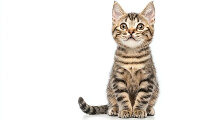 Fototapeta premium American Shorthair kitten sitting, white background. Happy animal and joyful.