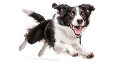 Fototapeta premium Border collie dog running joyfully, white isolated background. Happy animal theme.