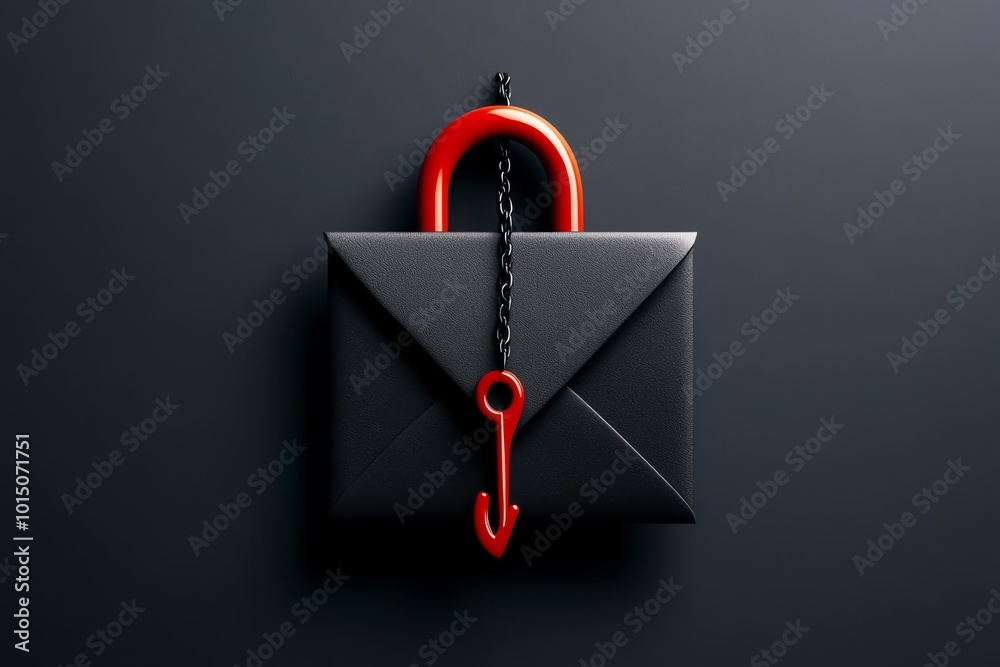 Poster Clean design showing an email envelope being hooked, representing phishing, with minimalist shadows and a bright red hook