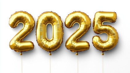 2025 Gold Foil Balloons on White Background. New Year Concept.