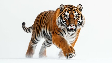 A fierce tiger stalking through a powerful, dynamic pose, on a stark white background