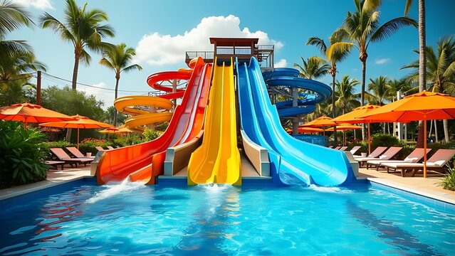 A set of colorful water slides in an outdoor aquapark