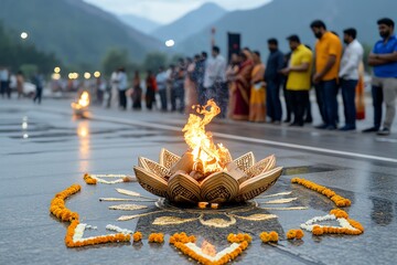 Clean design of a Dussehra effigy burning, with soft colors and minimal detail, focusing on the symbolic moment