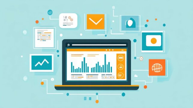Flat illustration of a laptop displaying a website analytics dashboard, surrounded by icons of social media platforms, email campaigns, and charts representing digital marketing strategies. Clean