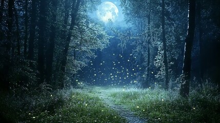 Obraz premium Moonlit forest clearing with fireflies dancing in the air