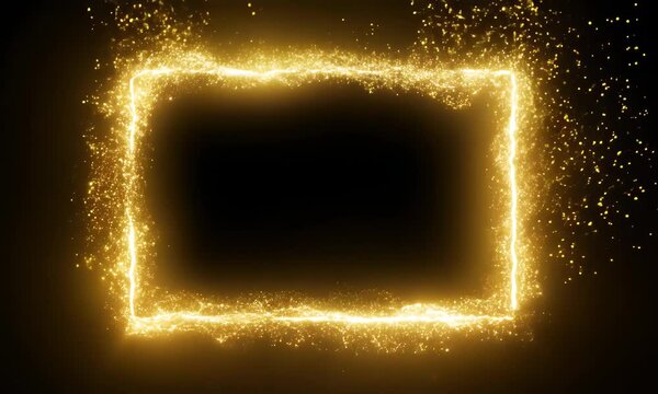 Christmas Golden rectangle square frame Portal with glowing golden sparkles and glitter particles on black background with golden bokeh, VFX