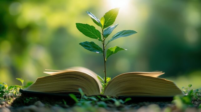 Growth mindset tree branches sprouting from an open book, soft green backdrop