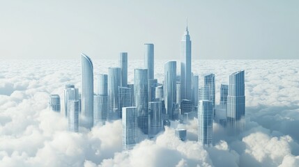 Fototapeta premium moscow city, light blue buildings between clouds, 3d style, white bg 