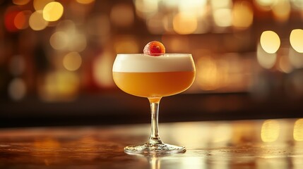 Craft cocktail with a blurred upscale bar scene, emphasizing the drink's details