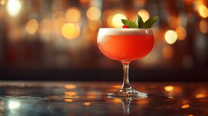 Craft cocktail with a blurred upscale bar scene, emphasizing the drink's details
