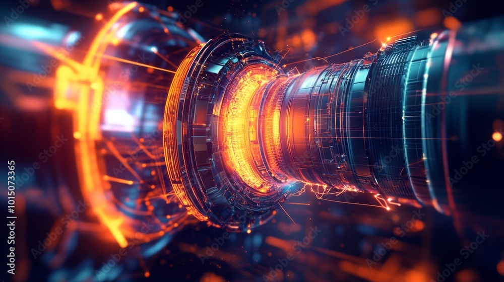 Fototapete a striking energy core emits bright orange and blue lights, surrounded by intricate machinery and di