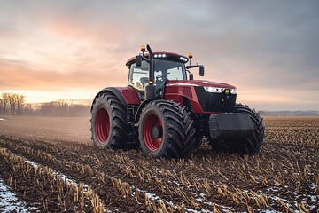 Modern Red Tractor Preparing Soil at Sunrise