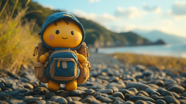 Cut Toy character embarking on a grand adventurous voyage, their trusty backpack and excited expression hinting at the exciting journey ahead