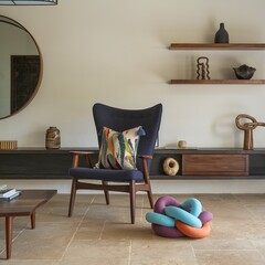 Stylish Mid-Century Modern Living Room Featuring a Cozy Chair, Vibrant Colorful Pillows, Unique Knot Cushion, and Contemporary Design Elements for a Chic Home Interior