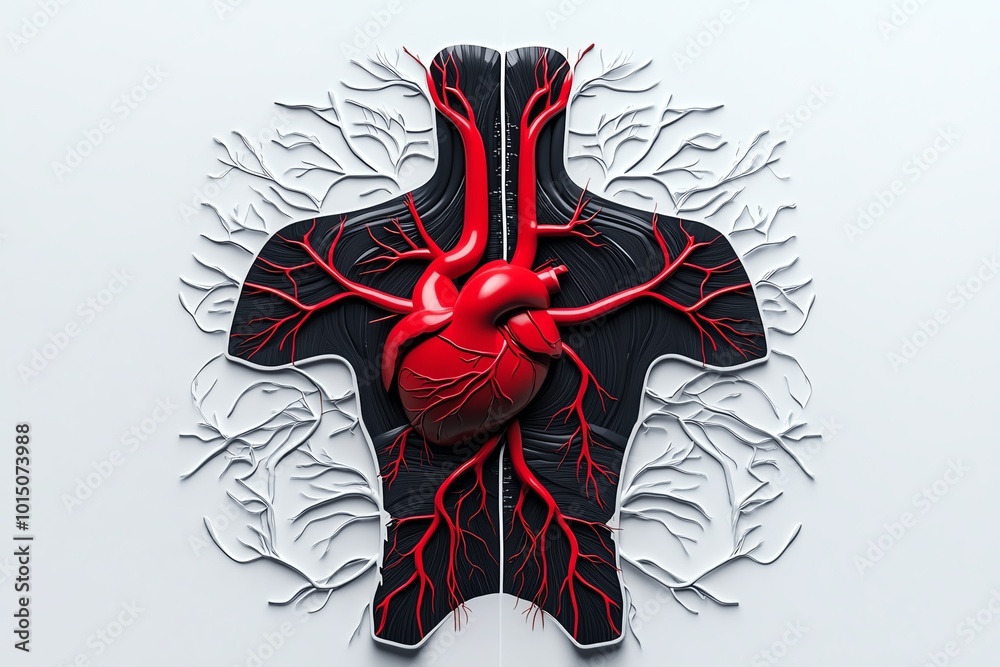 Poster Clean minimalist view of the circulatory system, with the heart and main arteries outlined in simple geometric shapes