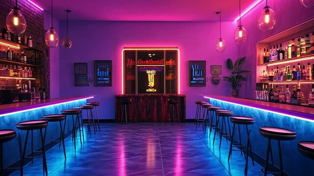 A vibrant bar interior with neon lighting and stylish seating footage