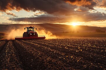 Fototapeta premium Red Tractor Plowing Field at Sunset