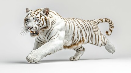 A commanding white tiger in a dynamic pose, its power emphasized against a white background