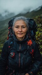 A confident mature woman with gray hair, seen in a close-up portrait, wears winter hiking gear as she stands amidst a mountain landscape.