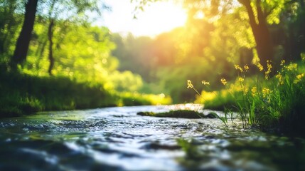 Fototapeta premium Serene River Flowing Through Lush Green Forest