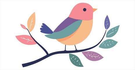 Adorable Minimalist Bird Illustration with Pastel Colors and Simple Geometric Shapes on a Branch
