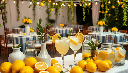 A beautifully decorated event with a lemon theme features a table adorned with fresh lemonade and citrus elements. Ideal for hosting elegant summer parties or weddings.

