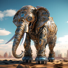 Fototapeta premium Mechanical elephant roaming a digital savannah. 