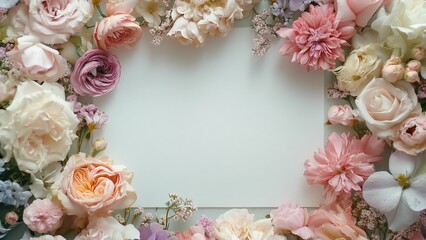 Delicate Pink Roses and Flowers Surrounding a Blank White Card