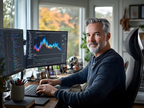 Senior man working on coding and financial analysis at home office