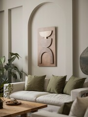 Stylish Living Room with Neutral Tones: Cozy Sofa, Olive Green Pillows, Artistic Wall Art, and Inviting Home Decor for Modern Interiors - Perfect for Your Cozy Home Aesthetic and Design Inspiration
