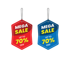 Promotional sale labels best offers sticker bundle, Mega sale up to 70% off, Dangler Vector template design, vector illustration. Red and blue Dangler.