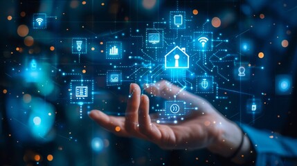 Futuristic digital interface with smart home technology icons