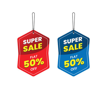 Promotional sale labels best offers sticker bundle, Super sale up to 50% off, Dangler Vector template design, vector illustration. Red and blue Dangler.