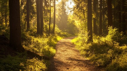 Obraz premium Peaceful forest trail with sunlight filtering through the trees, creating dappled shadows on the ground, inviting a walk in nature