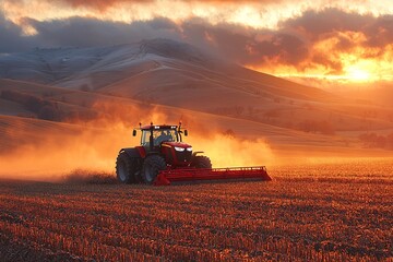 Fototapeta premium Modern Agriculture with Red Tractor at Sunset