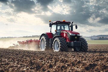 Obraz premium Morning Light on a Red Tractor in the Field